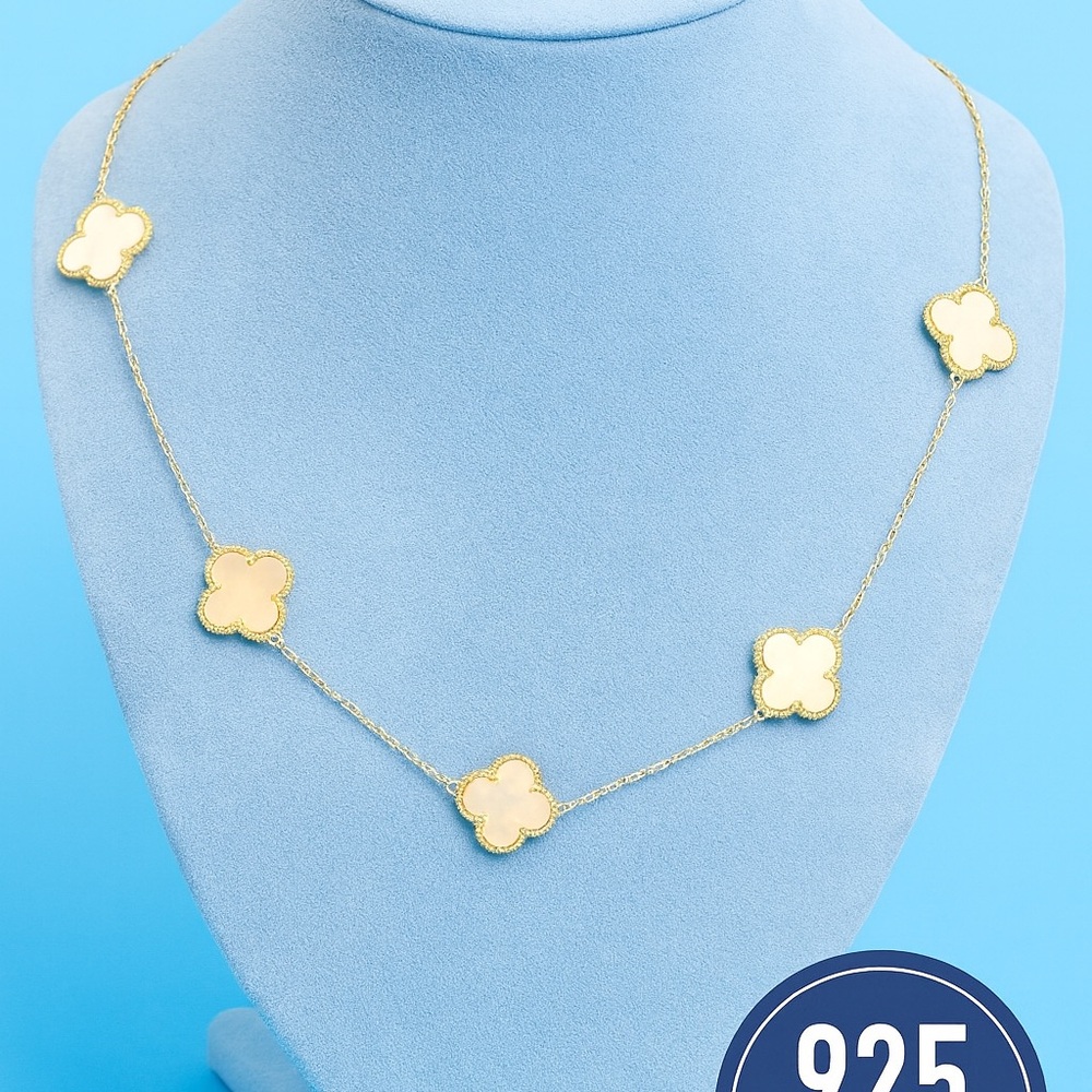 925 Sterling Silver Yellow Gold Plated Mother Of Pearl Clover Station Necklace